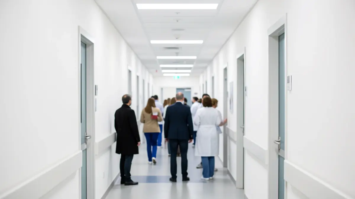 Image of a modern hospital corridor with bright lighting.