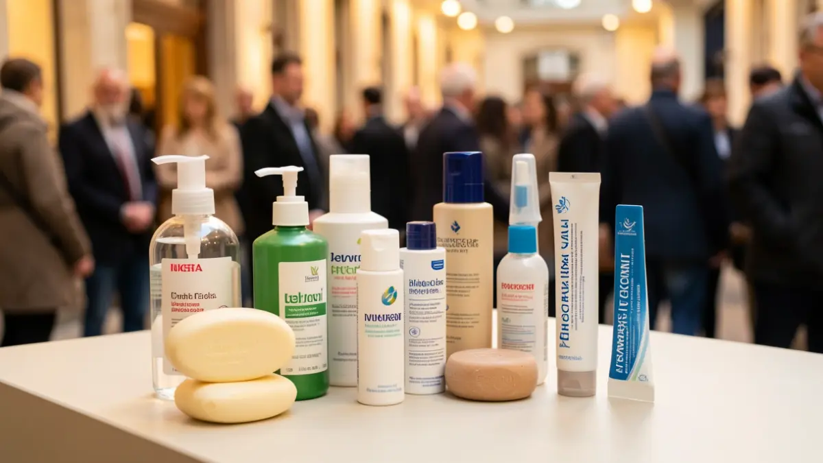 Imagem genérica de produtos de higiene pessoal dispostos de forma organizada, com foco na solidariedade e apoio a idosos.