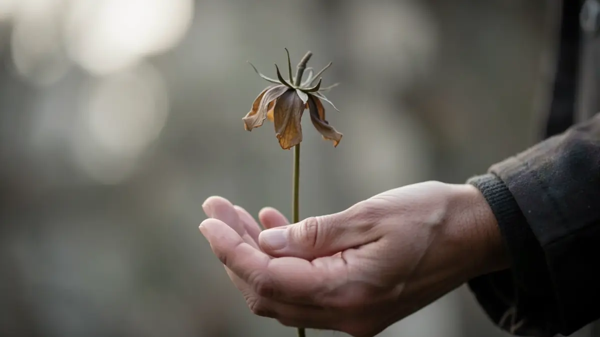 Imagem genérica de uma flor a murchar a ser segurada por mãos, com luz suave.