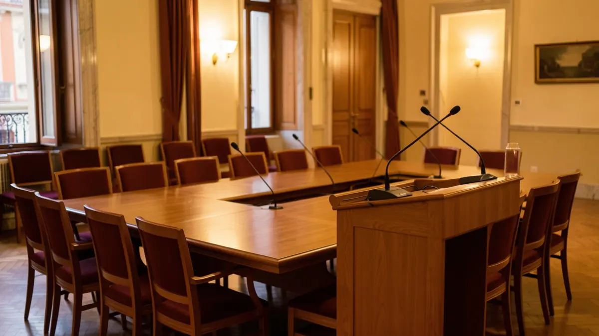 Generic image of a public meeting room in Portugal, with chairs and a podium.
