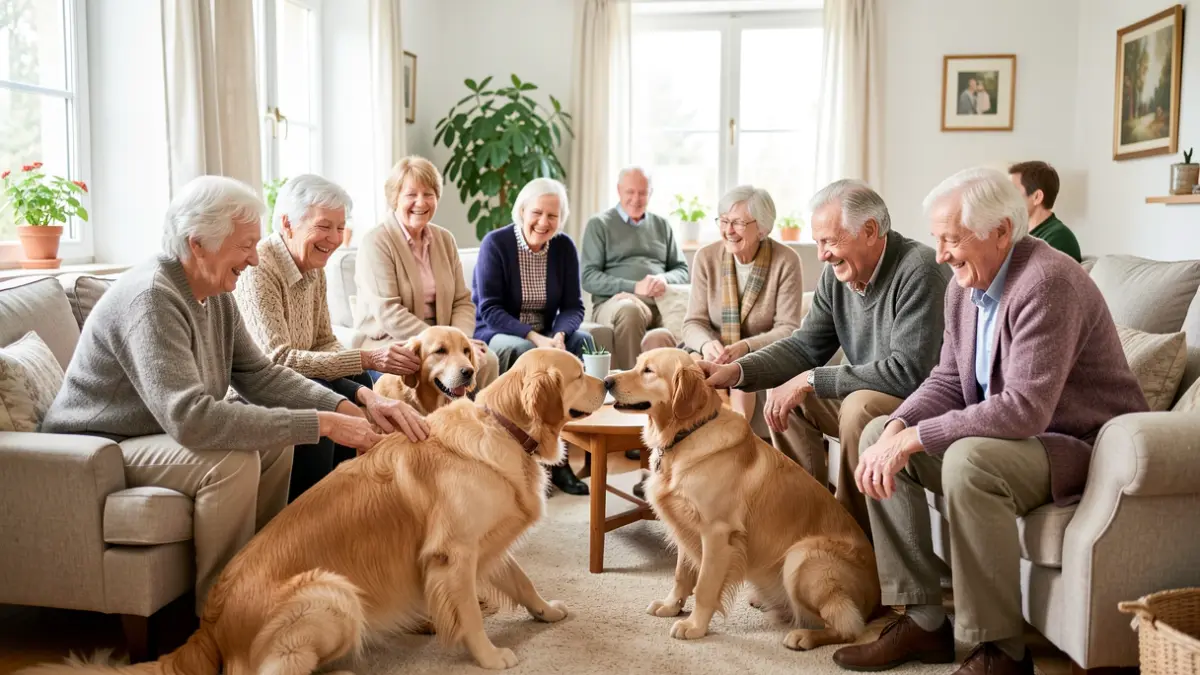 Imagem genérica de um grupo de idosos a interagir com cães num ambiente acolhedor.
