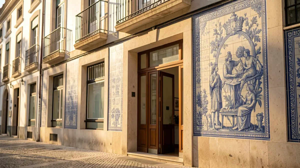 Facade of a Portuguese institutional building with traditional azulejo tiles and a prominent entrance, in warm afternoon sunlight.