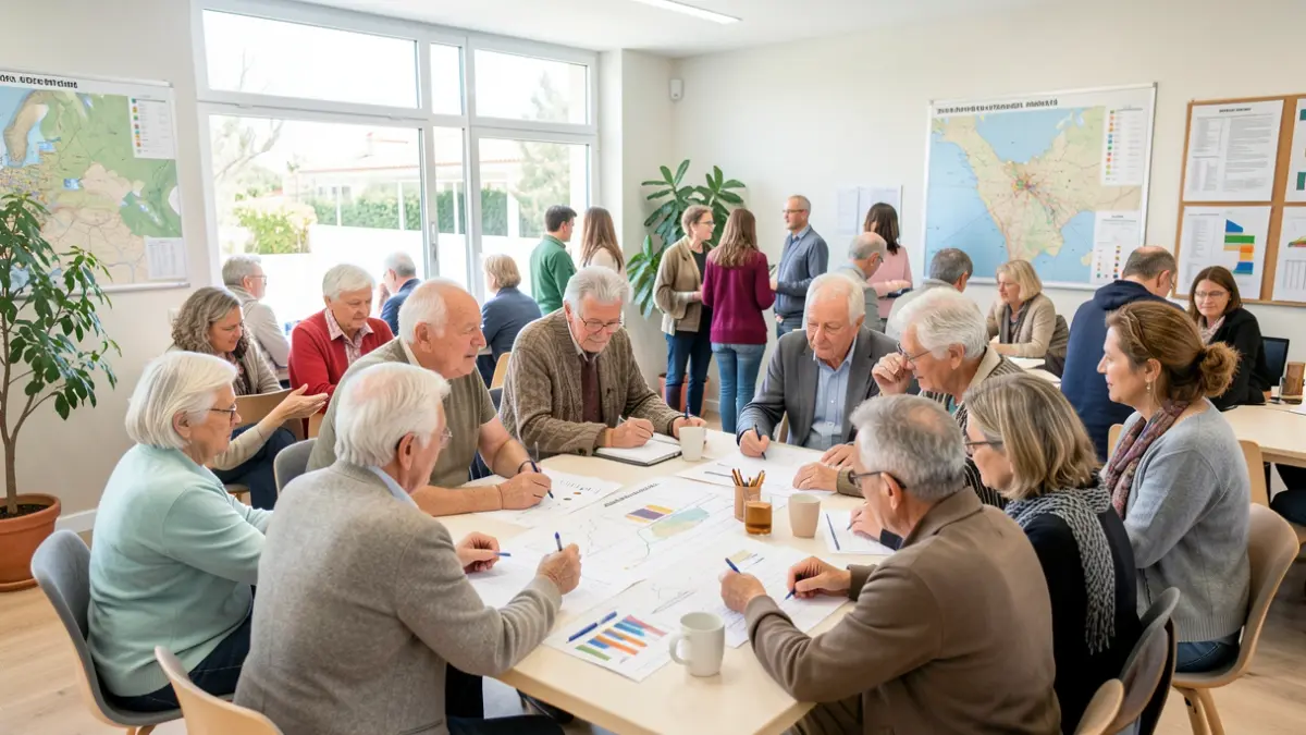 Imagem genérica de um grupo intergeracional a colaborar num projeto num centro comunitário moderno, com mapas e gráficos visíveis ao fundo.