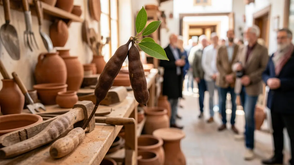 Image of a carob pod with leaves, in focus, with a blurred background of a traditional Portuguese workshop with pottery and tools.