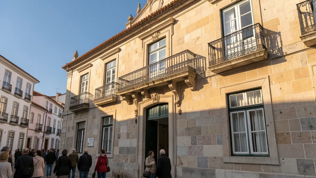 Imagem genérica de uma fachada de edifício municipal tradicional português com varanda ornamentada e céu azul.