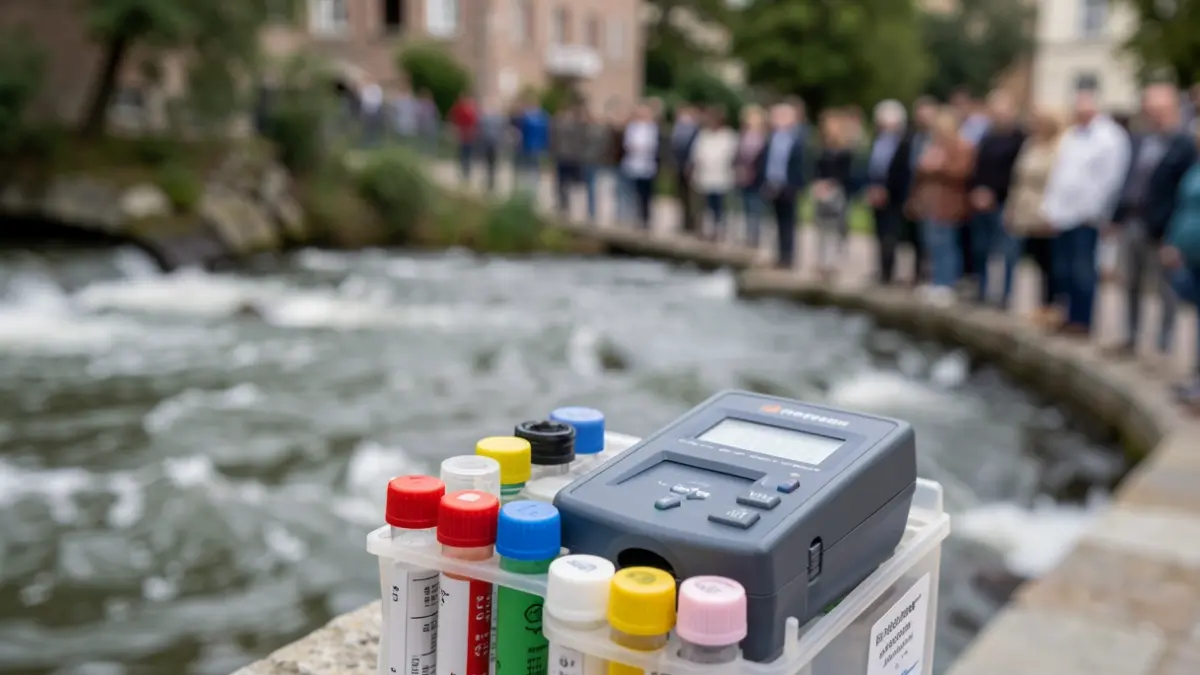 Imagen genérica de un kit de prueba de calidad del agua con viales y un medidor digital, con agua corriente desenfocada al fondo.