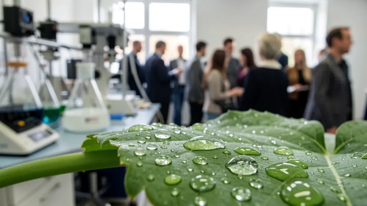 Imagem genérica de gotas de água numa folha verde, simbolizando a reutilização da água, com equipamento de laboratório desfocado ao fundo.