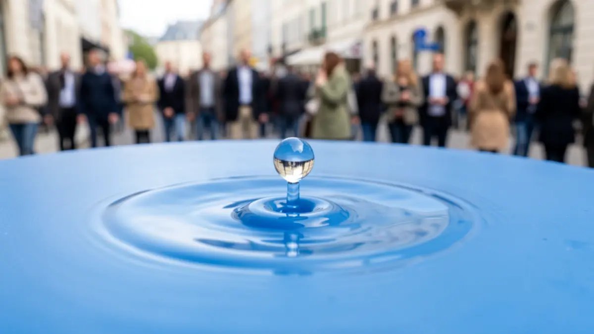 Gotas de agua sobre superficie azul, simbolizando innovación en gestión de agua.