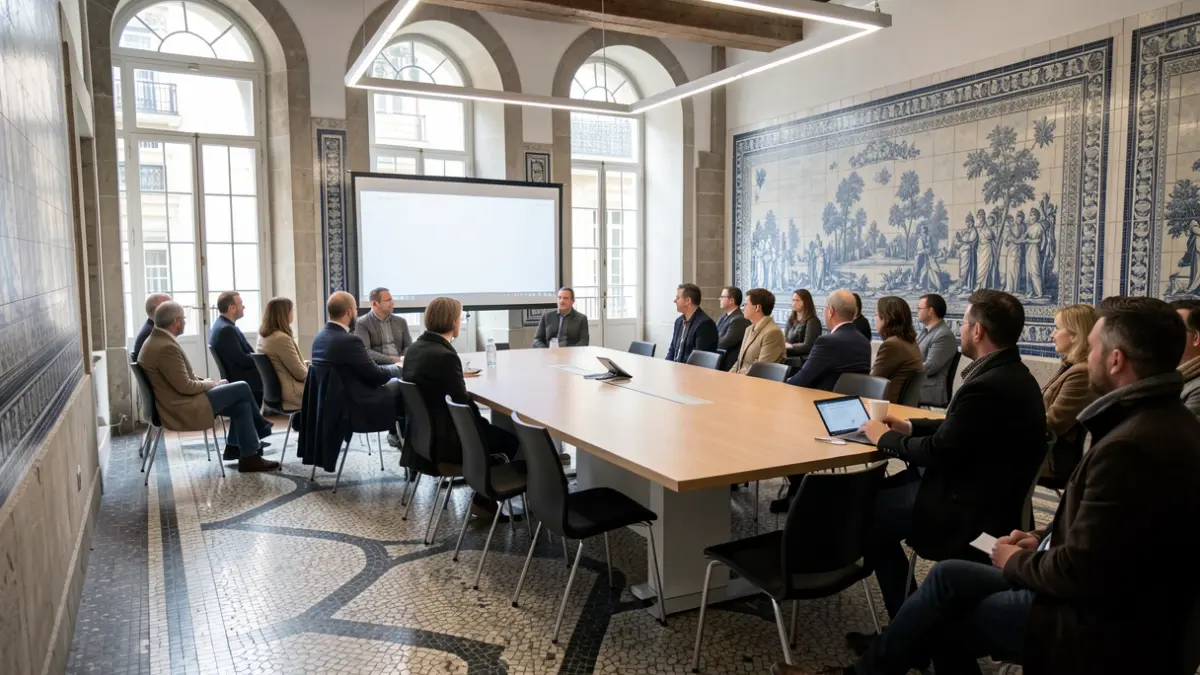 Meeting room in Portuguese building with azulejos, natural light.
