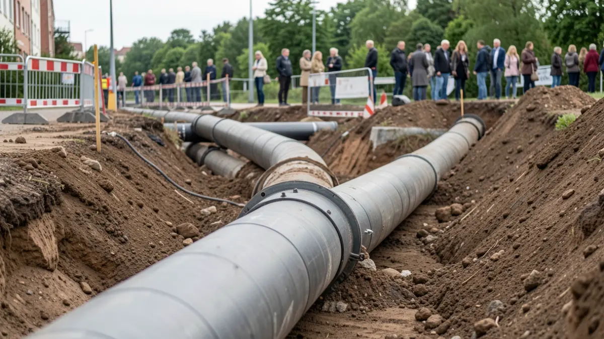Imagem genérica de obras de saneamento com tubagens a serem instaladas em terreno.