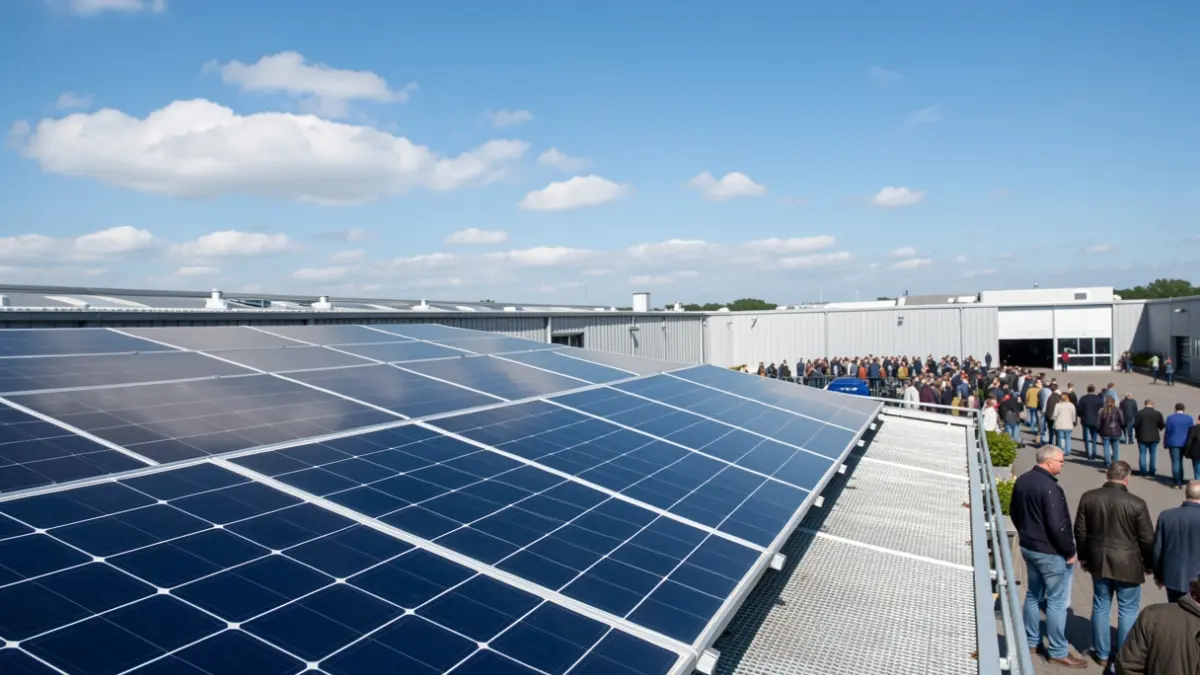 Paneles solares instalados en el tejado de una instalación industrial.