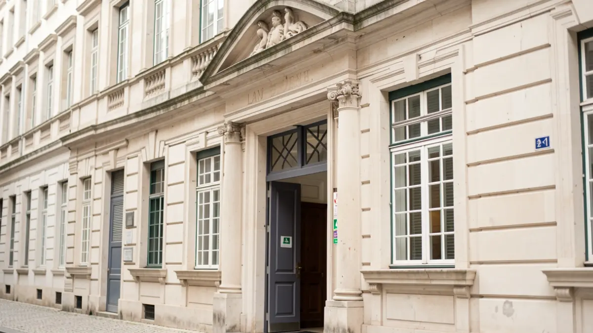 Imagem genérica de uma fachada de edifício universitário português com arquitetura clássica e sinalética de emergência.