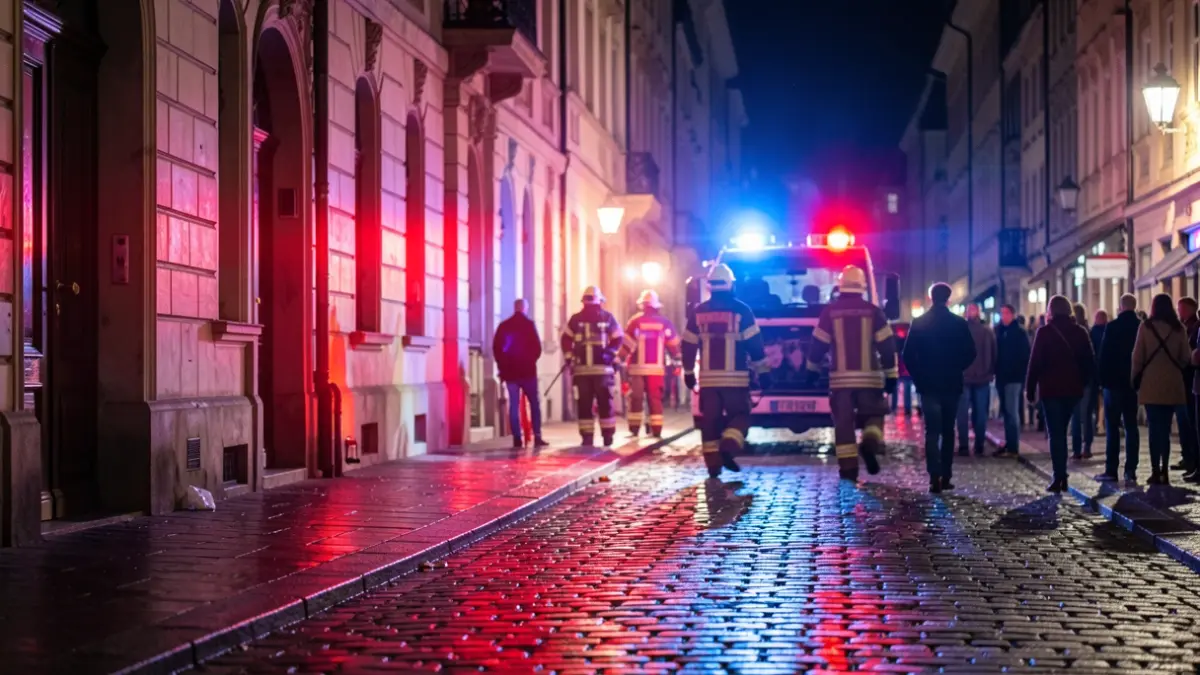 Generic image of red and blue emergency lights on a cobblestone street at night, with blurred figures of firefighters in the background.