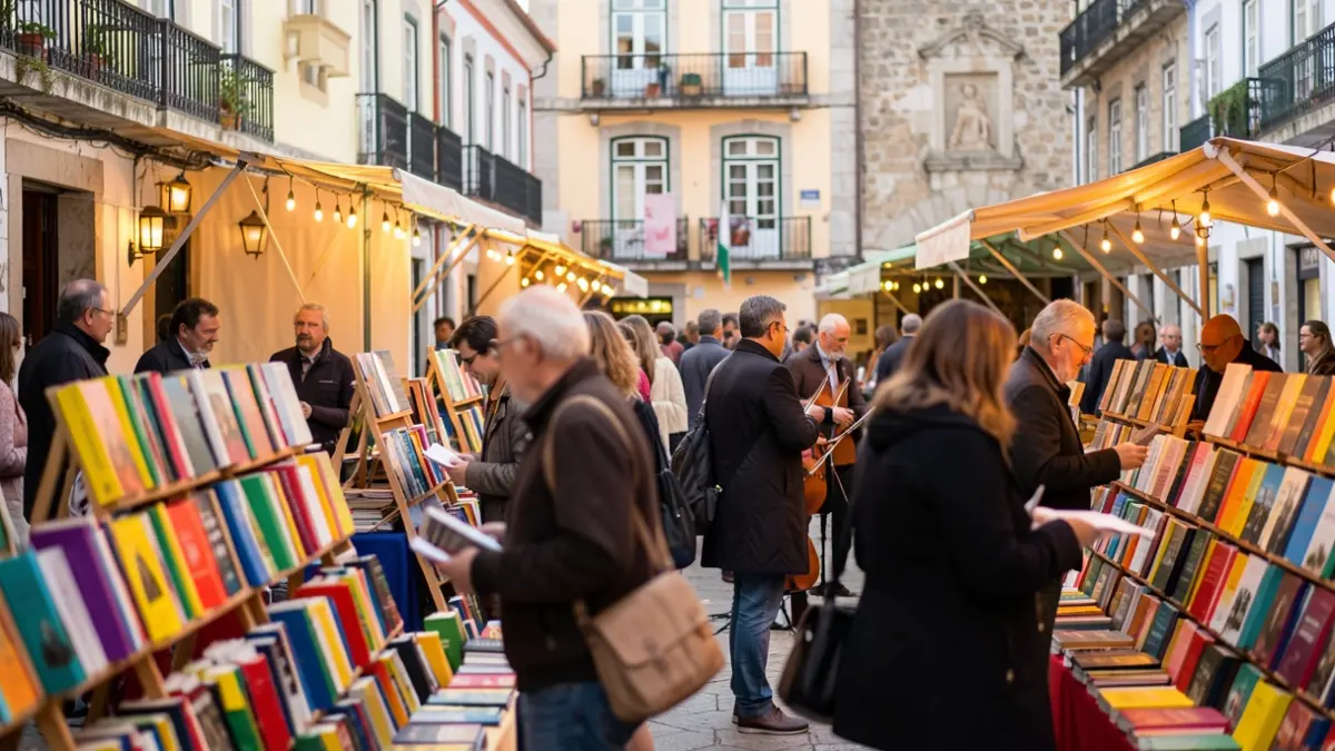 Imagen genérica de un festival literario en Portugal, con autores, música y ambiente cultural.