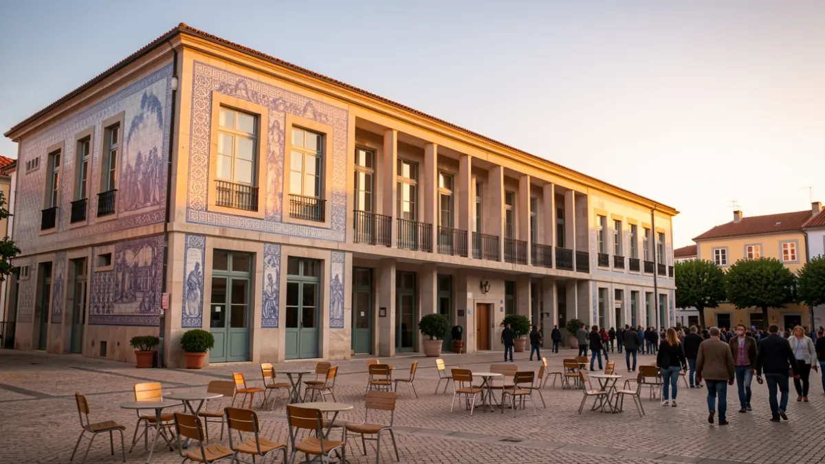 Imagen genérica de una fachada de edificio universitario con elementos arquitectónicos portugueses, en una plaza con luces de atardecer.