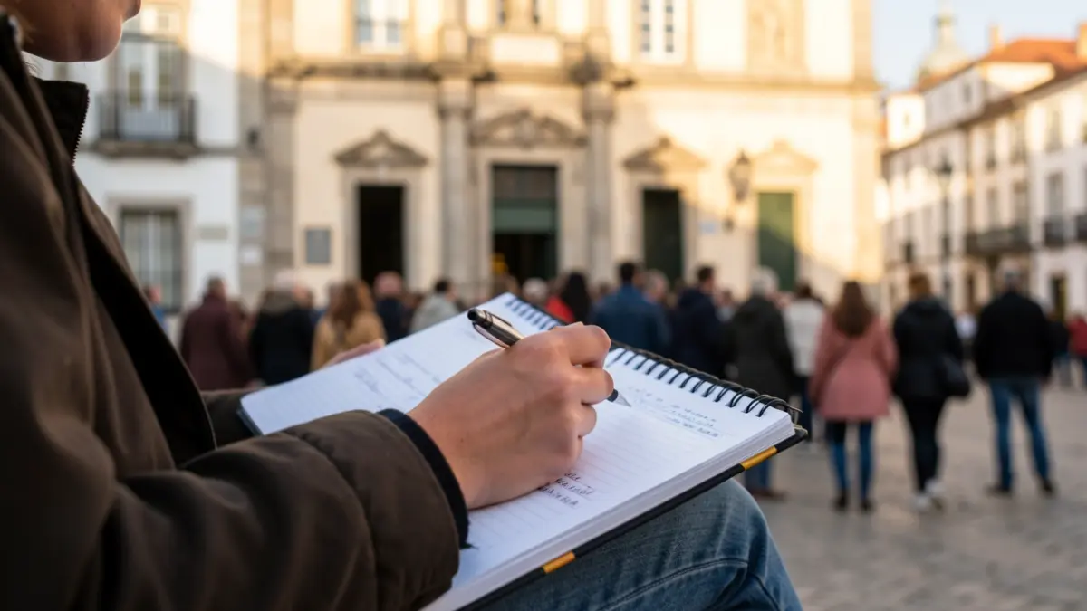 Imagen genérica de la mano de un estudiante sosteniendo un cuaderno y bolígrafo, con la fachada de un Ayuntamiento portugués desenfocada al fondo.