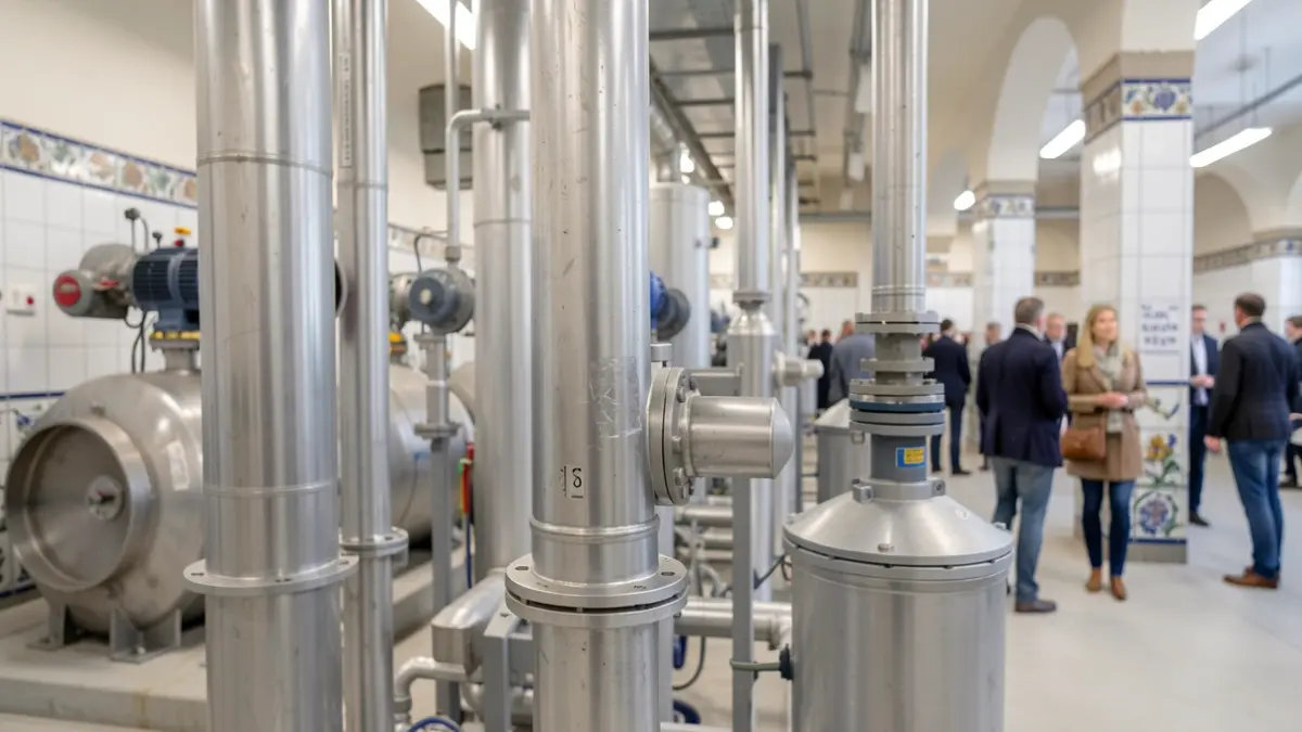 Imagen genérica de tuberías de agua y saneamiento en instalaciones industriales con azulejos portugueses.