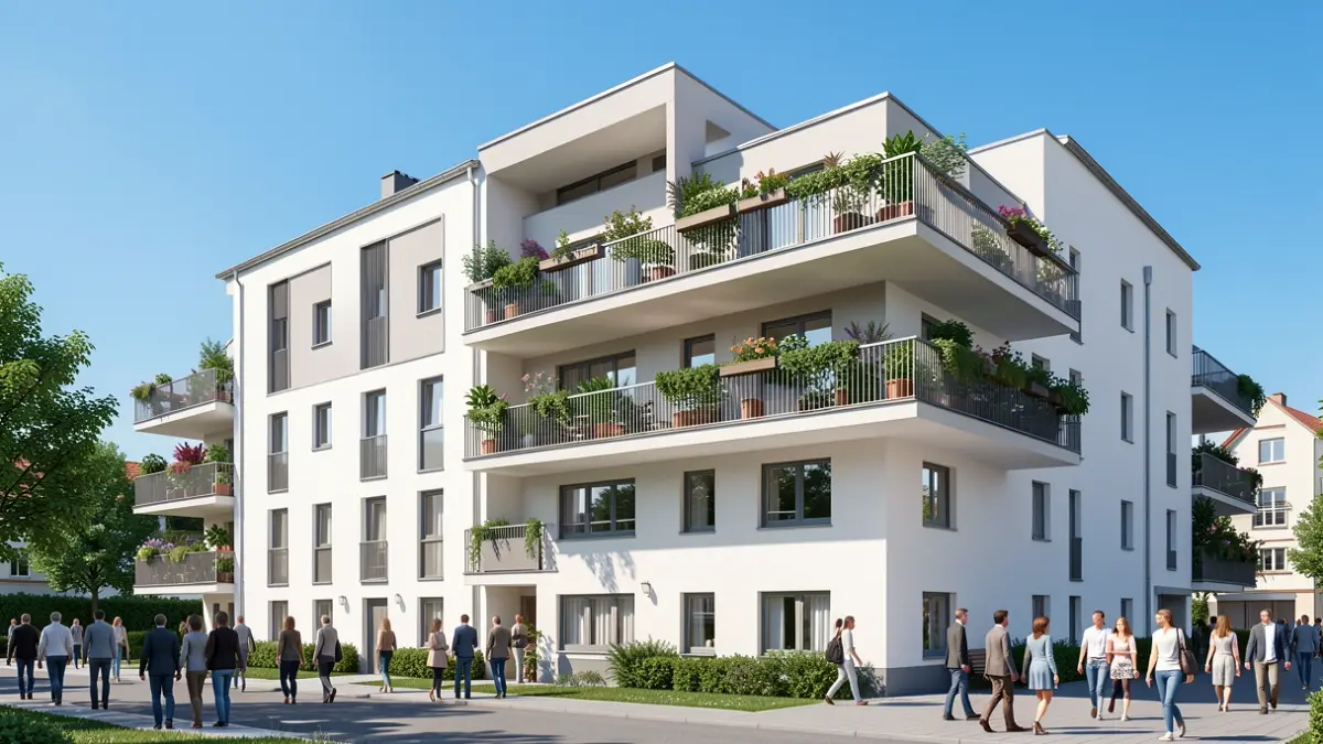Generic image of a modern apartment building with balconies, under a clear blue sky.