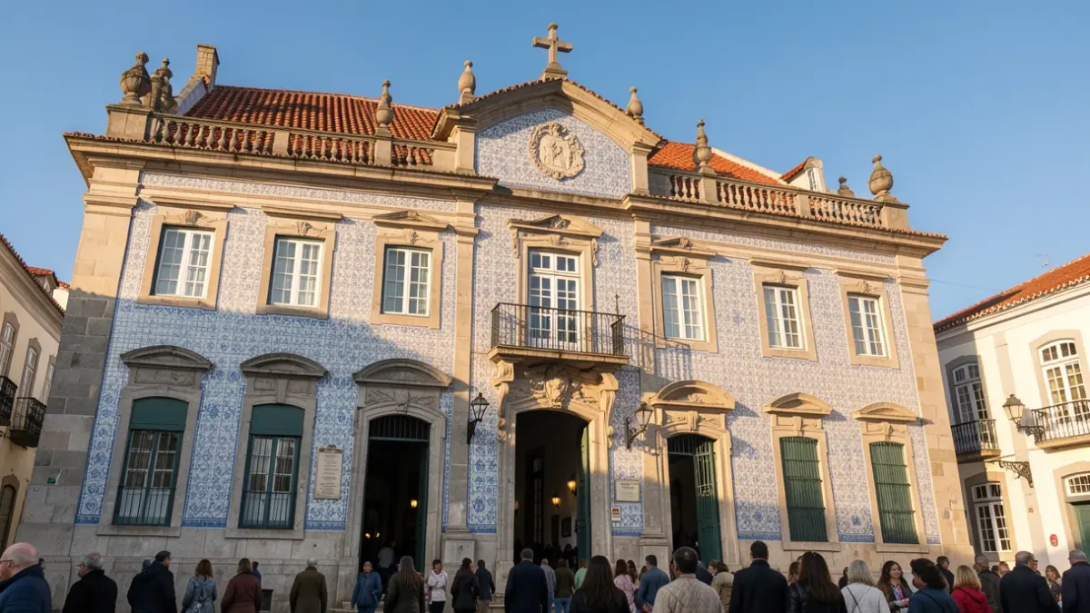 Generic image of a Portuguese town hall facade with traditional azulejo tiles and stone details, in warm afternoon sunlight.