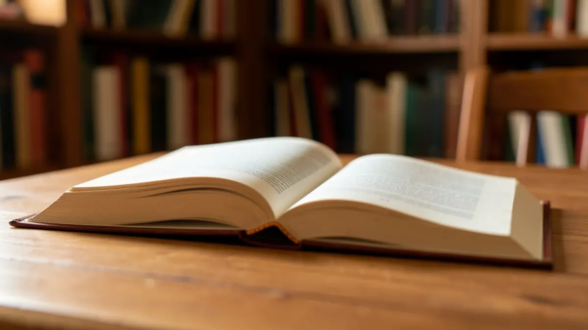 Imagem genérica de um livro aberto sobre uma mesa de madeira, com luz suave a iluminar a cena e estantes de livros desfocadas ao fundo.