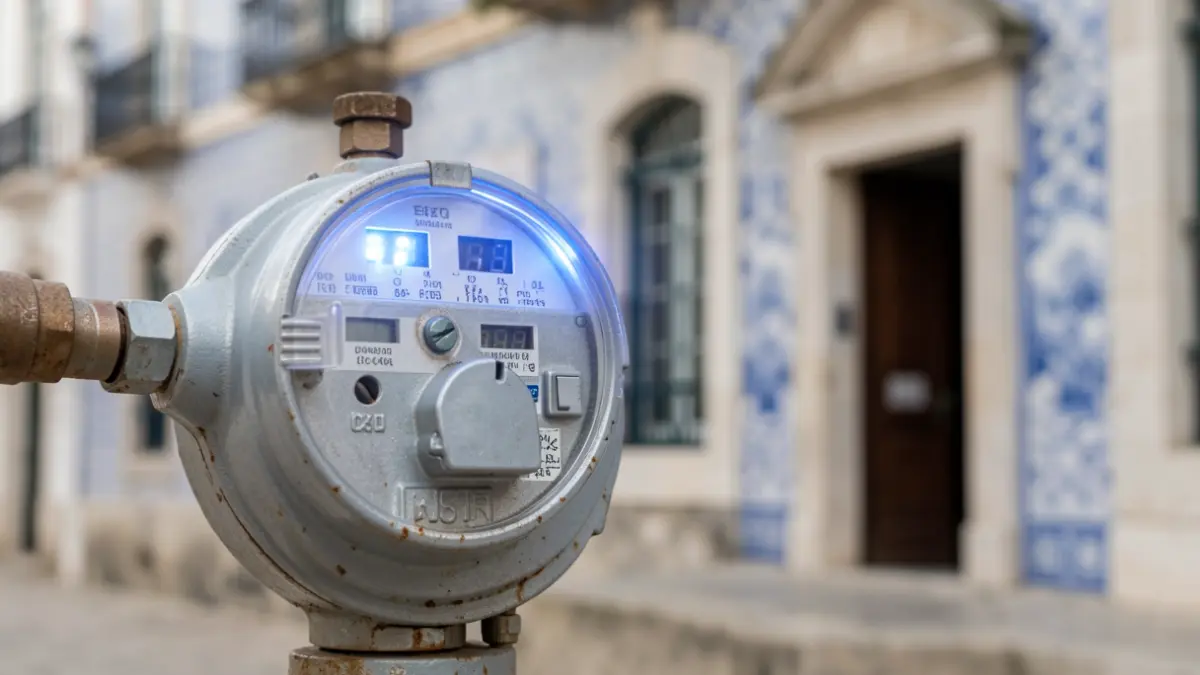 Imagem de um contador de água com um brilho azul subtil, em frente à fachada de uma Câmara Municipal portuguesa com azulejos.