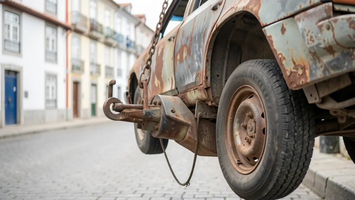 End-of-life vehicle being collected by a tow truck on a street in Sintra.
