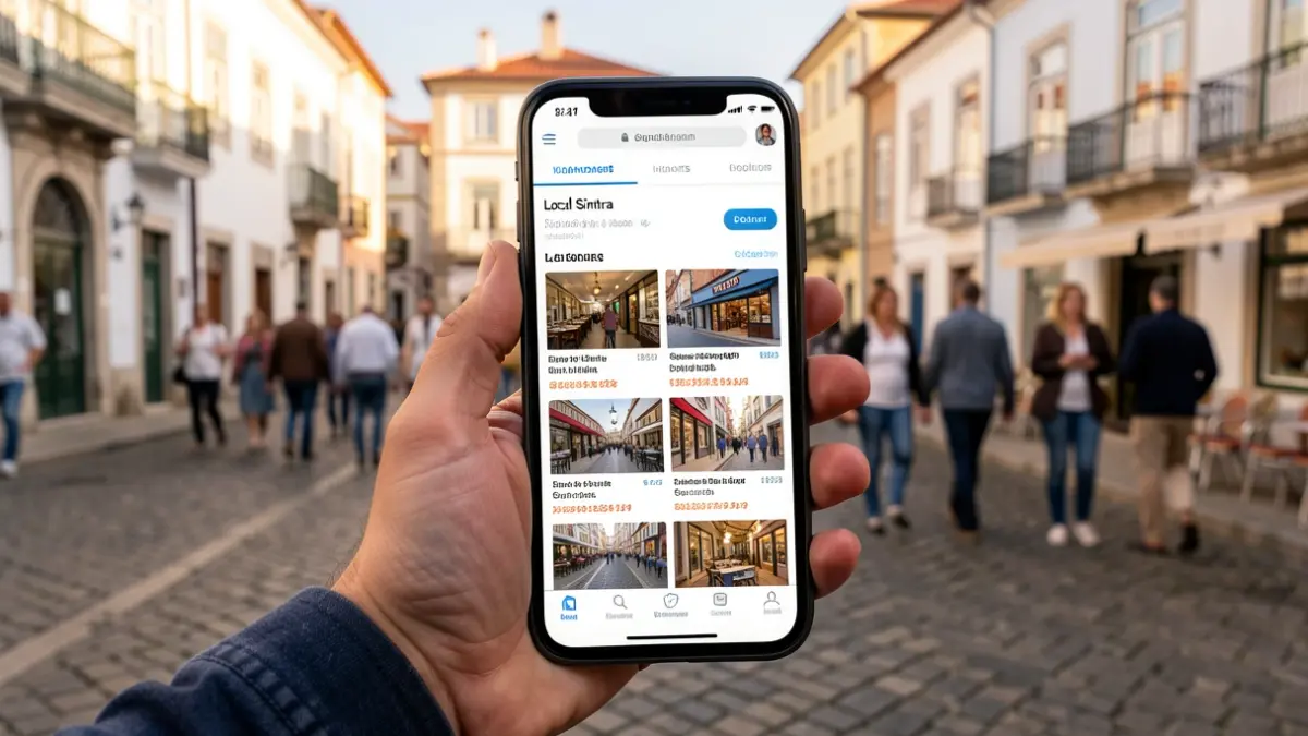 Close-up of a smartphone screen with a digital marketplace interface of Sintra shops, background of a Portuguese square with cobblestones.