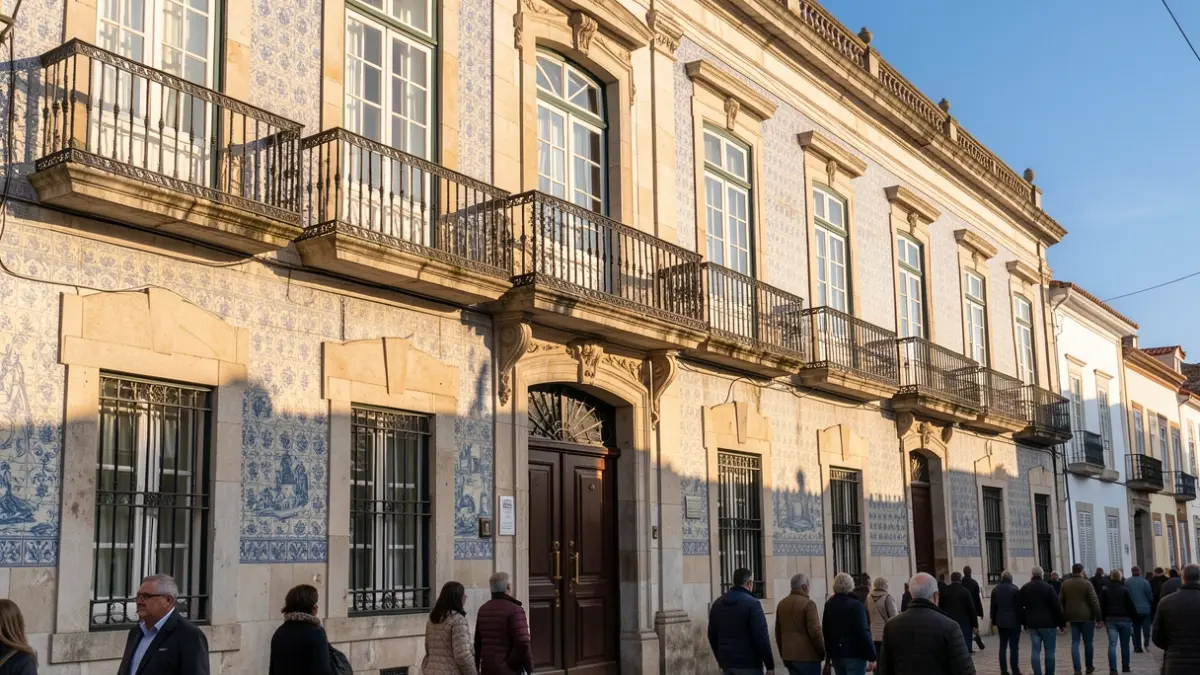 Imagen genérica de la fachada de un edificio municipal portugués con balcones ornamentados y cielo azul.