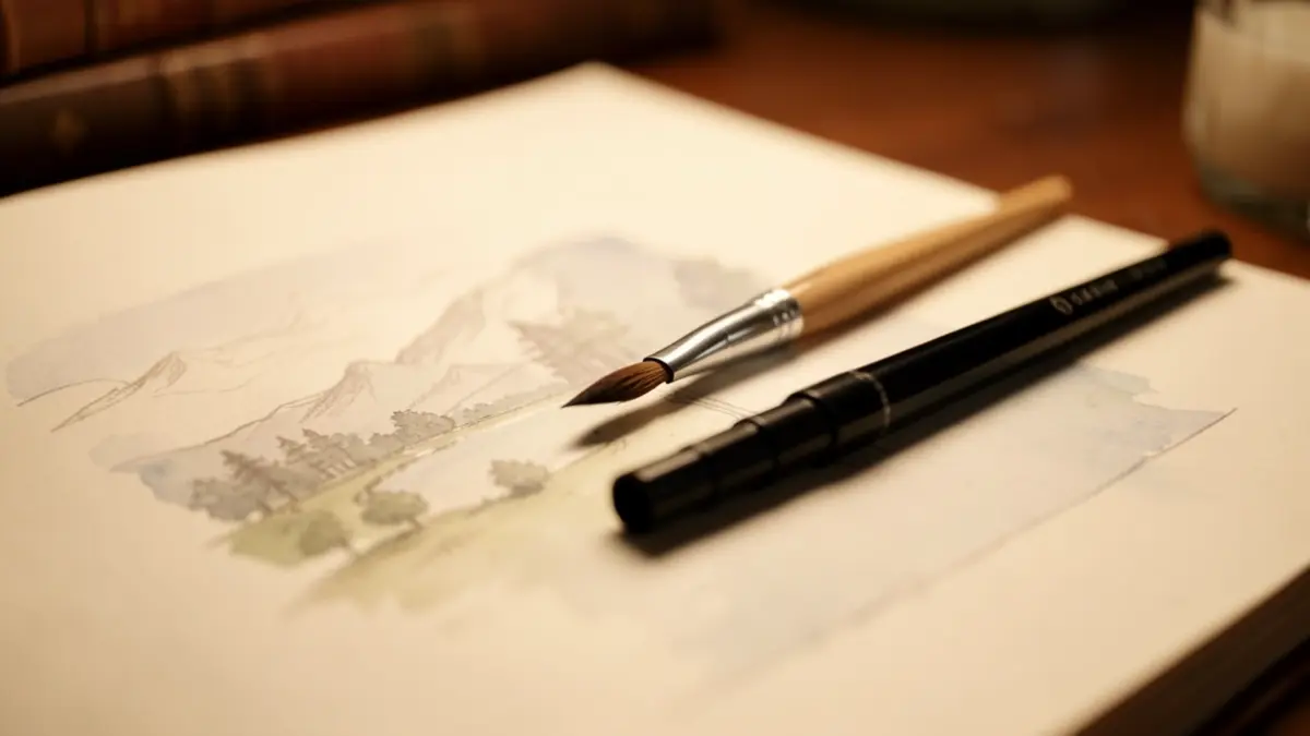 Generic image of a watercolor brush and a black ink pen on a sketchbook with a blurred landscape drawing.