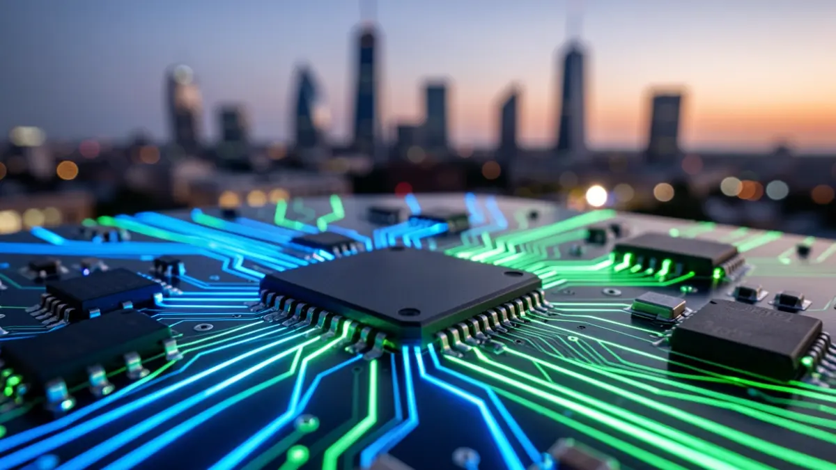 Generic image of a digital circuit board with glowing blue and green lines, representing data flow and innovation, with a blurred background of a modern city skyline at dusk.