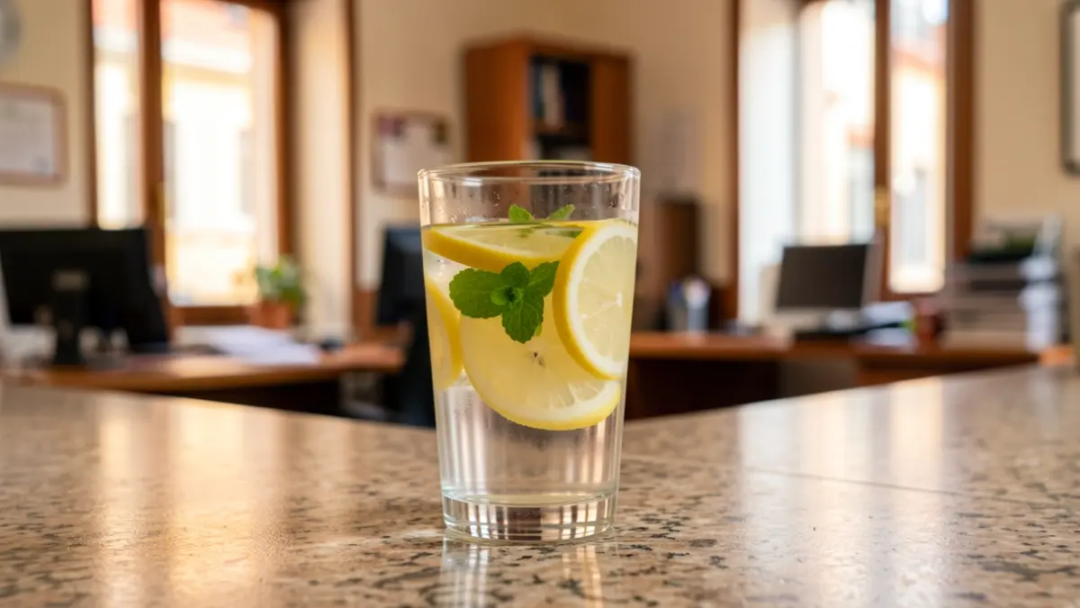 Imagen de un vaso de agua del grifo con limón y menta en un mostrador de atención.