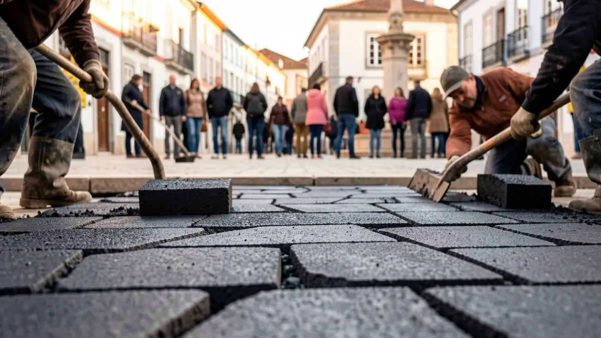Imagen genérica de trabajadores colocando pavimento de asfalto en una plaza de una ciudad portuguesa, con luz de tarde.