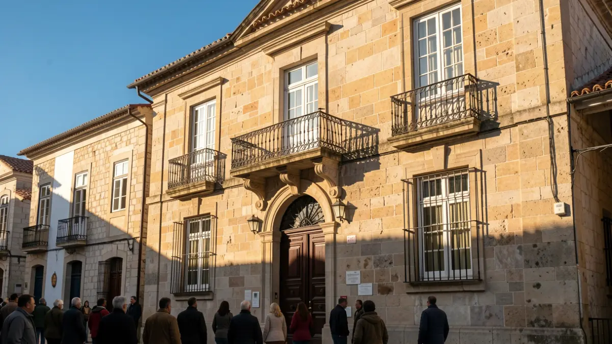 Facade of a municipal building in Gavião, Portugal, at dusk.