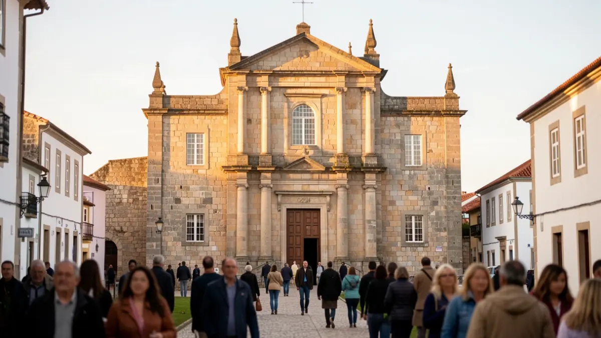 Fachada de la Iglesia Parroquial de Covelas, Portugal, con arquitectura histórica de piedra y luz de tarde.