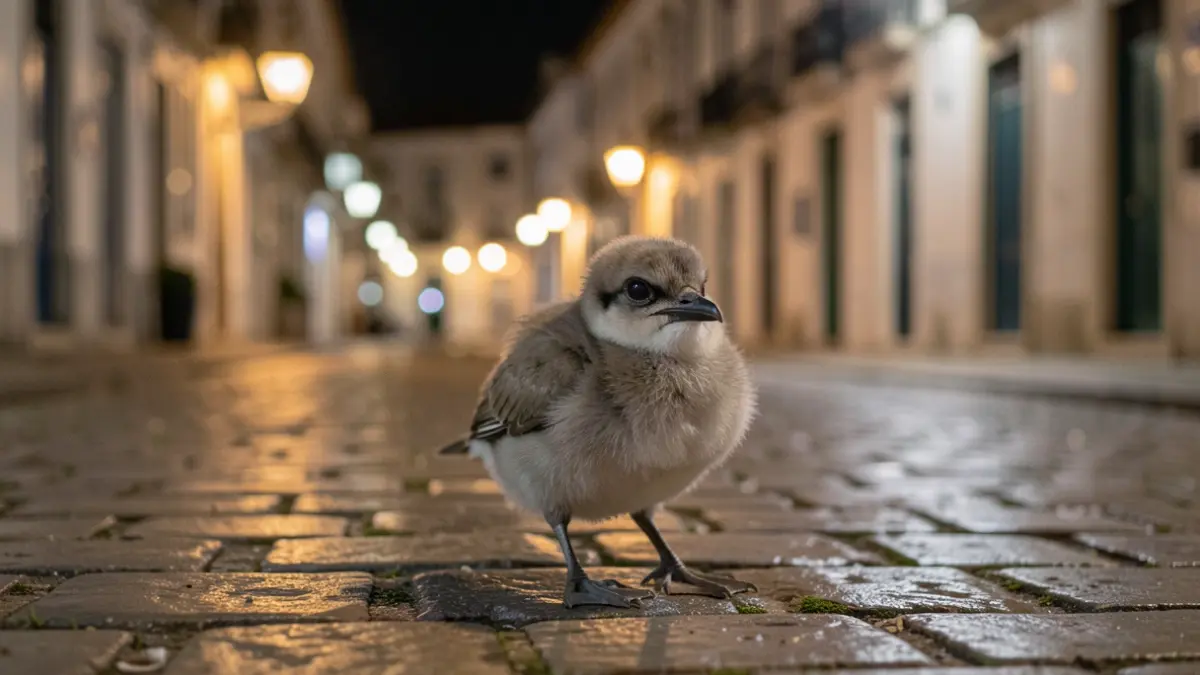 Imagem genérica de uma ave marinha jovem desorientada numa rua urbana à noite, com luzes artificiais desfocadas.