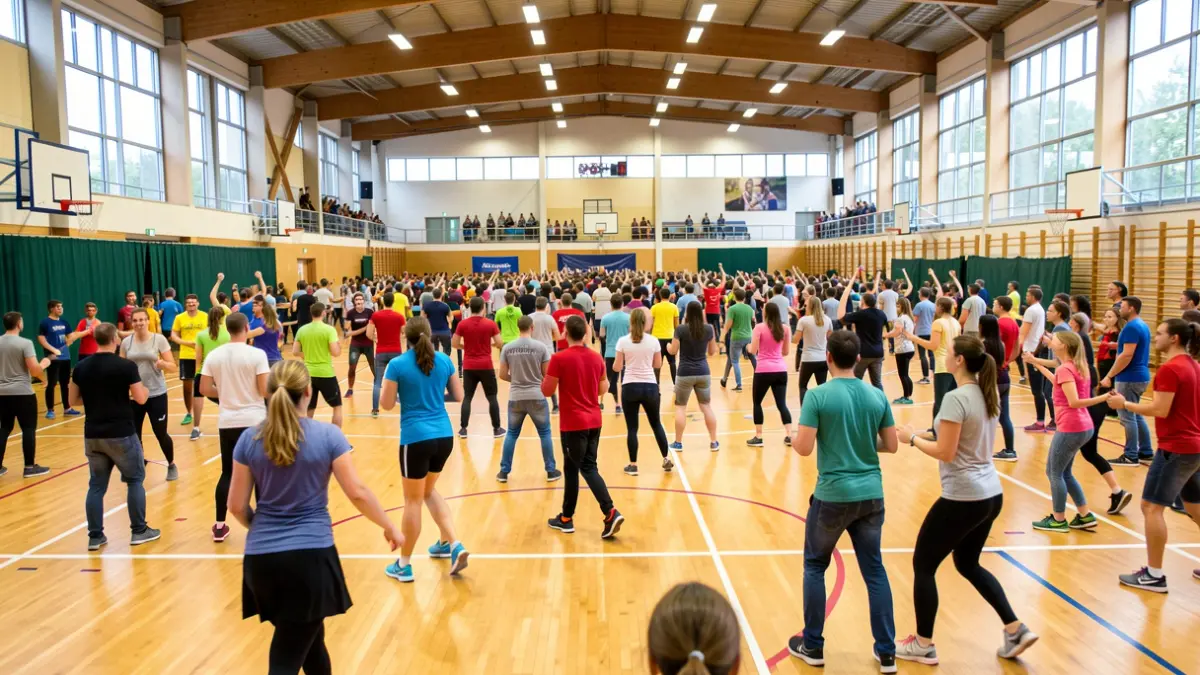 Generic image of an indoor sports hall with many people participating in fitness and dance activities, with an energetic atmosphere.