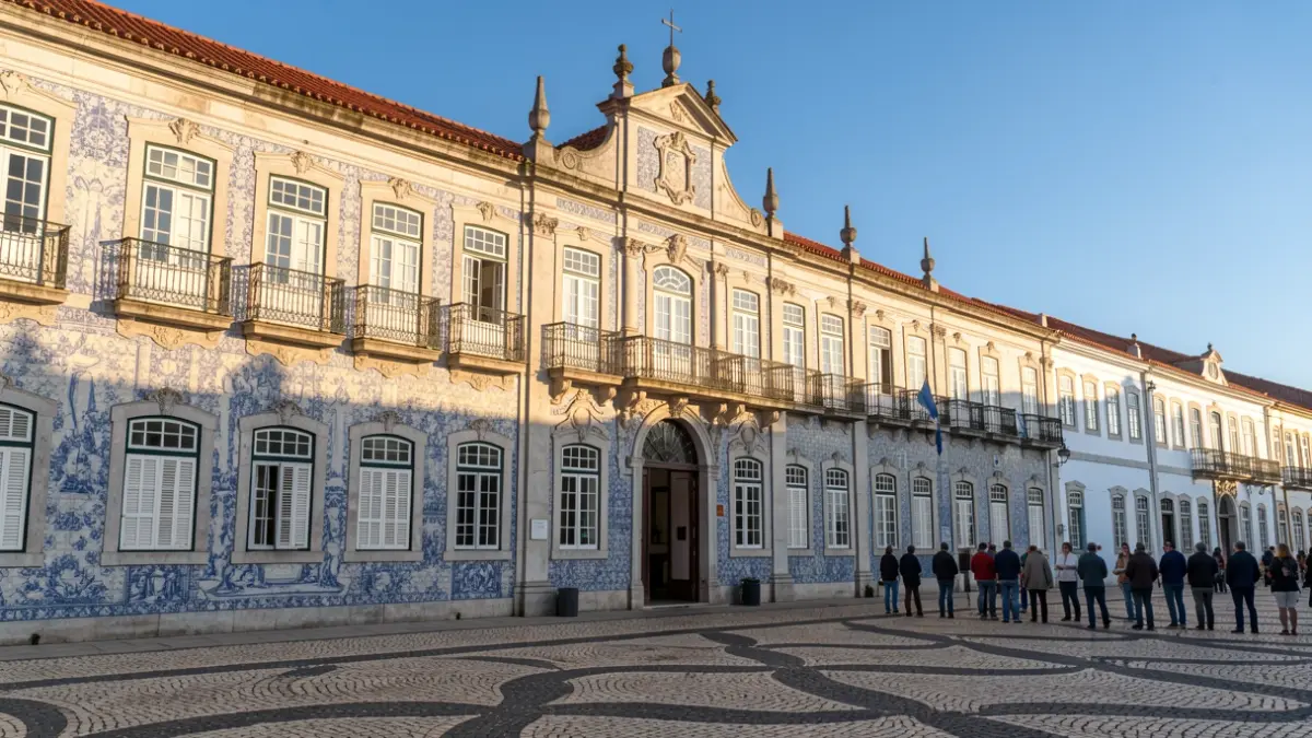 Fachada de um edifício municipal português com detalhes ornamentados e varandas, sob a luz quente da tarde.