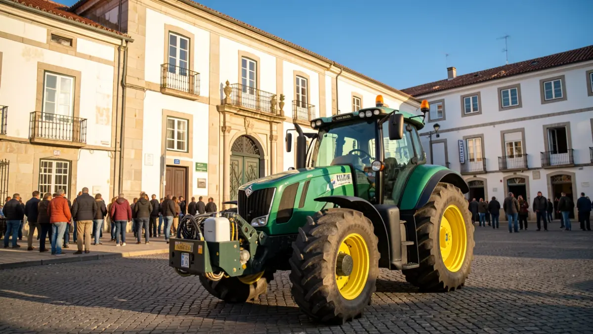 Generic image of a new tractor in front of a Portuguese municipal building.