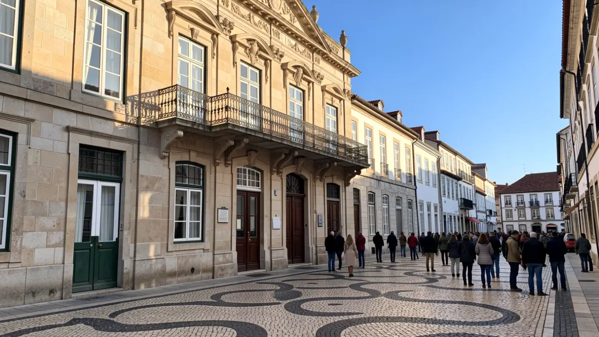 Imagen genérica de la fachada de un edificio municipal portugués con balcón ornamentado, bajo luz solar de tarde.