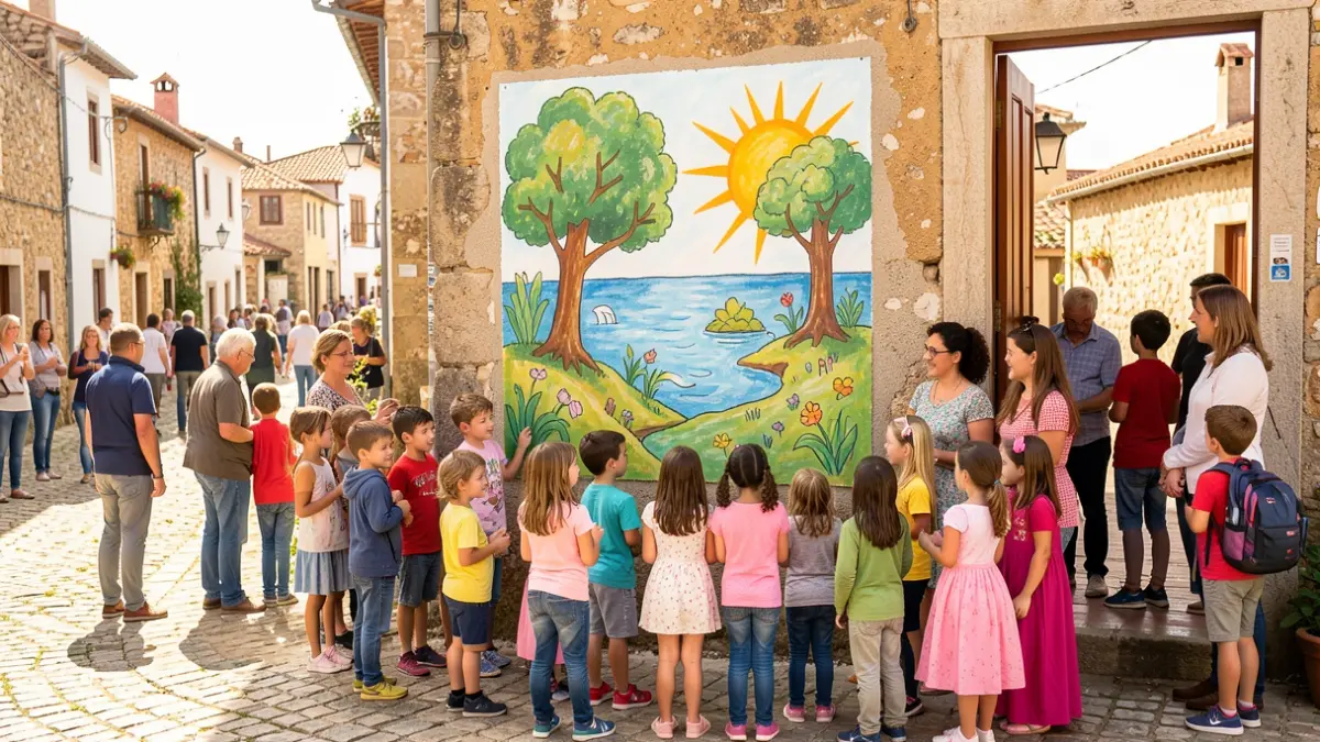 Generic image of a group of children and families painting a collective mural with environmental themes on a rustic wall in a Portuguese village setting.