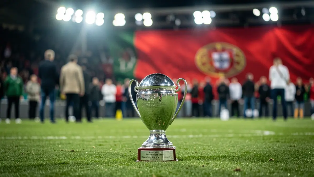 Imagen genérica de un trofeo de fútbol en un césped, con luces de estadio desenfocadas y colores de la bandera portuguesa.