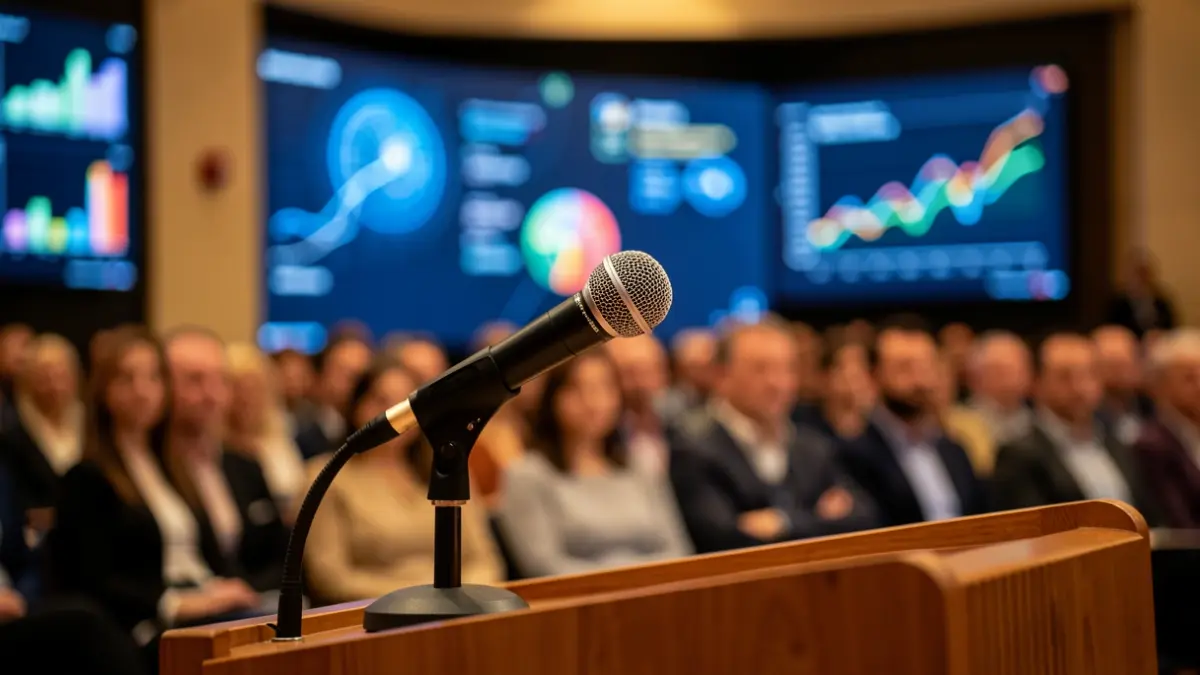 Generic image of a microphone on a podium with blurred abstract data visualizations in the background.