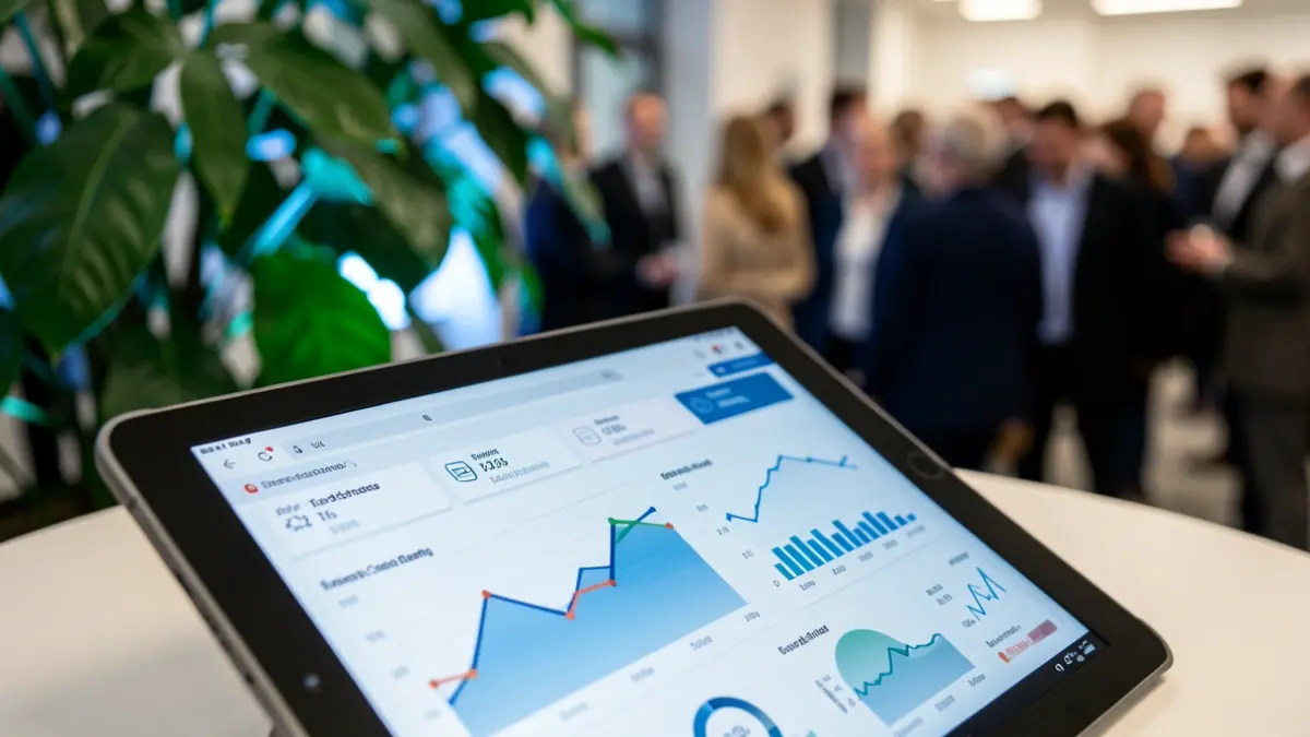 Imagem genérica de um tablet com dados de saúde e folhas verdes, simbolizando a sustentabilidade digital e ambiental na saúde.