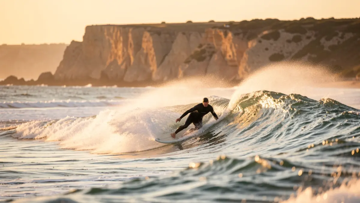 Imagem da Praia do Malhão, Alentejo, com um surfista a apanhar uma onda ao pôr do sol.
