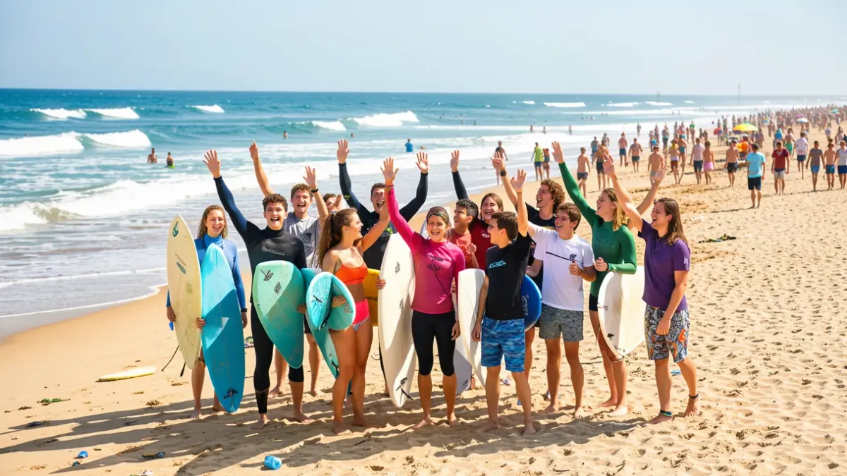 Imagem genérica de um grupo de jovens surfistas a celebrar numa praia com o oceano ao fundo.
