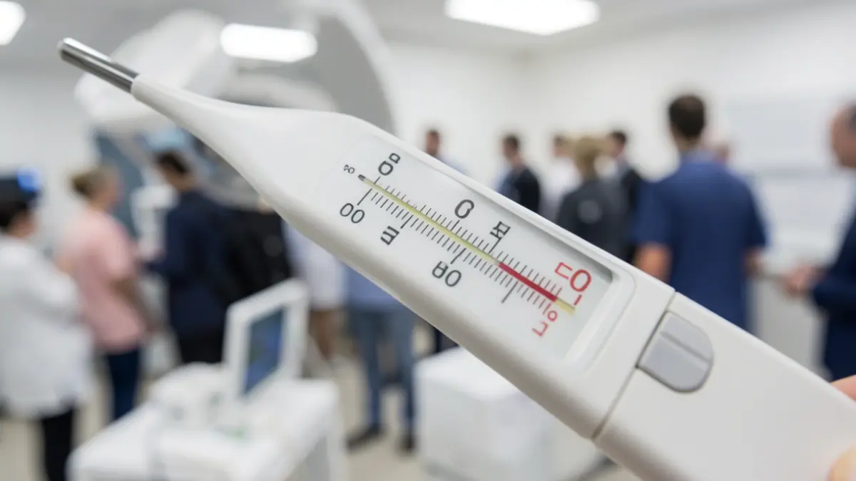 Termómetro médico mostrando temperatura alta con equipo médico borroso al fondo.