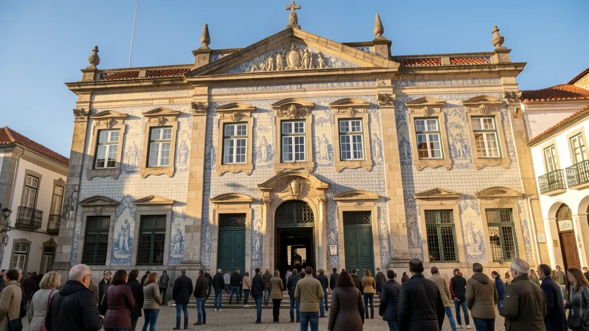 Generic image of a Portuguese town hall with traditional azulejo tiles and stone elements, warm afternoon sunlight, blue sky.