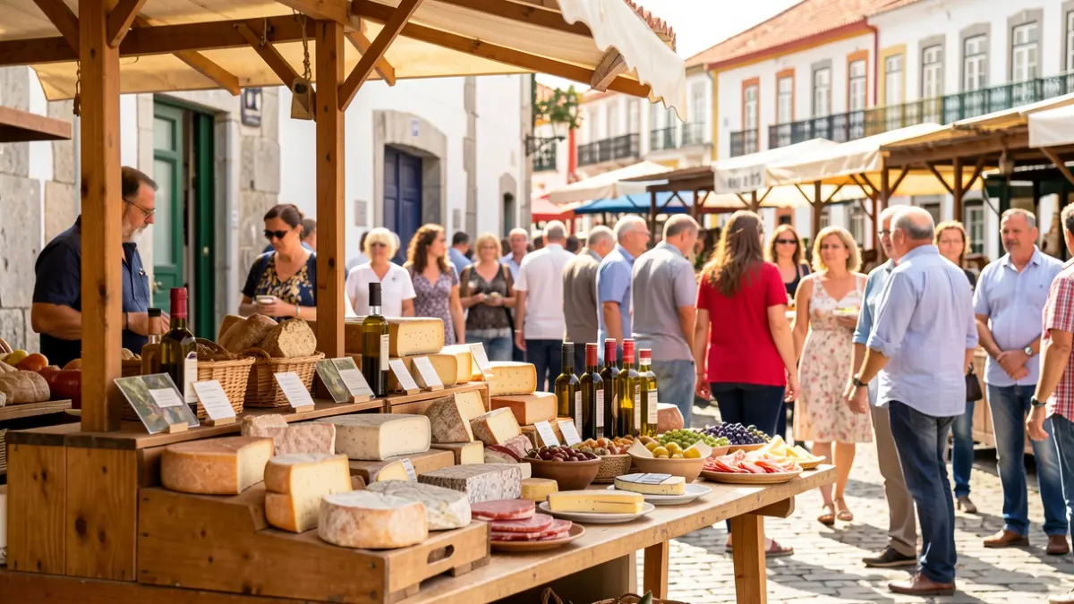Generic image of a regional gastronomy fair in Portugal, with stalls of local products and people walking around.