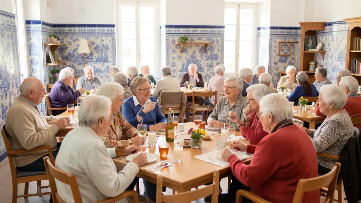 Imagem de um grupo de idosos a conversar num centro comunitário com azulejos portugueses.