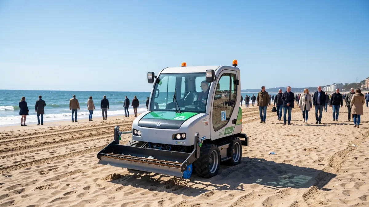 Generic image of an electric beach cleaning machine operating on a sandy beach, with the ocean and blue sky in the background.